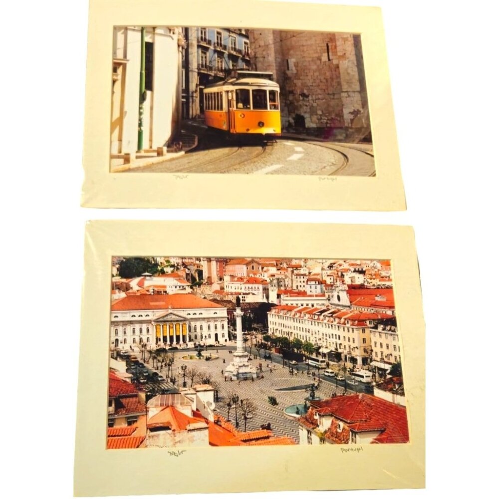 Vintage Matted Photo Of Lisbon Portugal Square &Yellow Trolly 14x11 Signed